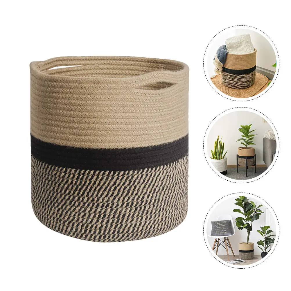 

1pc Round Storage Basket Home Weaving Flower Pot Yellow Black Large Capacity Space Saving Organizing Basket For Clothes Snacks