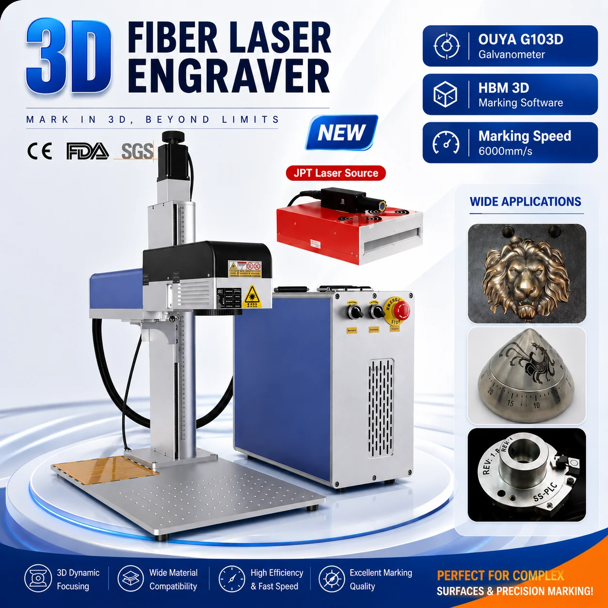 JPT MOPA 3D Fiber Laser Marking Cutting Machine Dynamic Focus Laser Engraver for Deep Engraving Relief Engraving Curved Surface Marking Metal Gold Silver Jewelry Ring