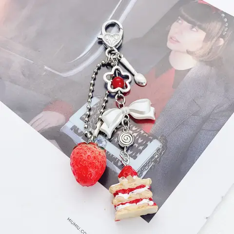 Handmade Strawberry Cake Phone Charm Food Keychain Cute Backpack Decoration Pendant Keyring Jewelry Accessories for Women