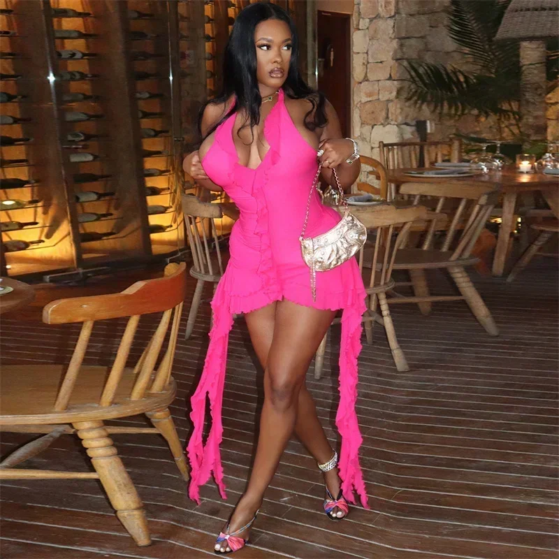 Guwu sexy halter com decote em v sem costas vestidos de festa feminino boate babados hem sem mangas bodycon vestido de verão para mujer