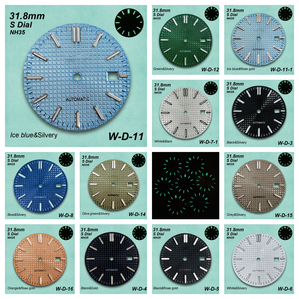 28.5/31.8mm S Logo Oak/Waffle/Meteorite Dial Fit NH35/NH36 Movement Green Luminous Dual Calendar Watch Modification Accessories