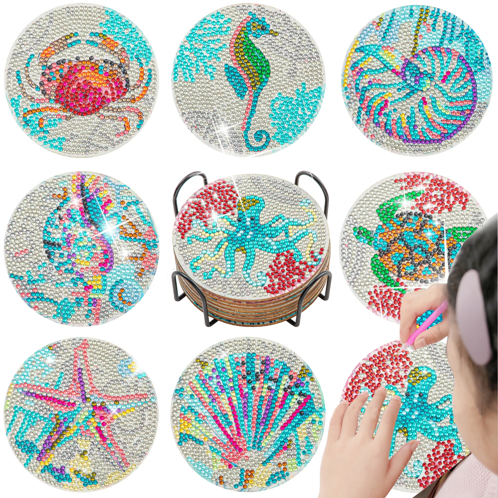 GATYZTORY 8Pcs DIY Diamond Painting Coaster Reusable Spot Drill Coaster Creative with Holder for Tabletop Accessories