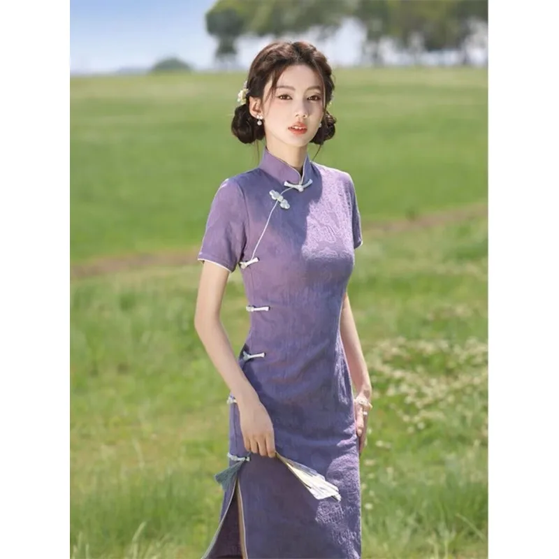 Summer Short Women Dress Stand Up Collar Short Sleeved Purple Qipao Modern Modified Cheongsam Vestidos Elegantes Para Mujer