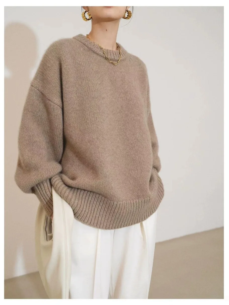 

2023 European round neck 100% cashmere sweater women's thick lazy wind silhouette sweater women's loose knit base shirt