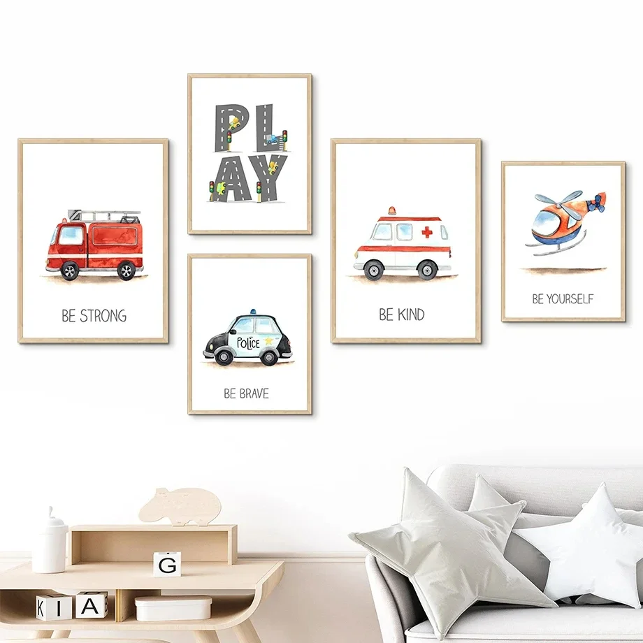 Alphabet Education Ambulance Fire Truck Nursery Canvas Painting, Wall Art, Nordic Posters and Prints, Wall Pictures, Child Room