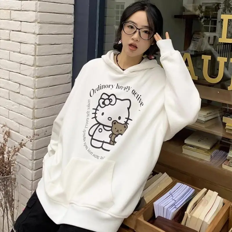 Hellokitty Pure Cotton Vintage Hoodie Baseball Jersey Printed Hoodie for Girls Loose Fitting Pullover Casual Cute Versatile Tops