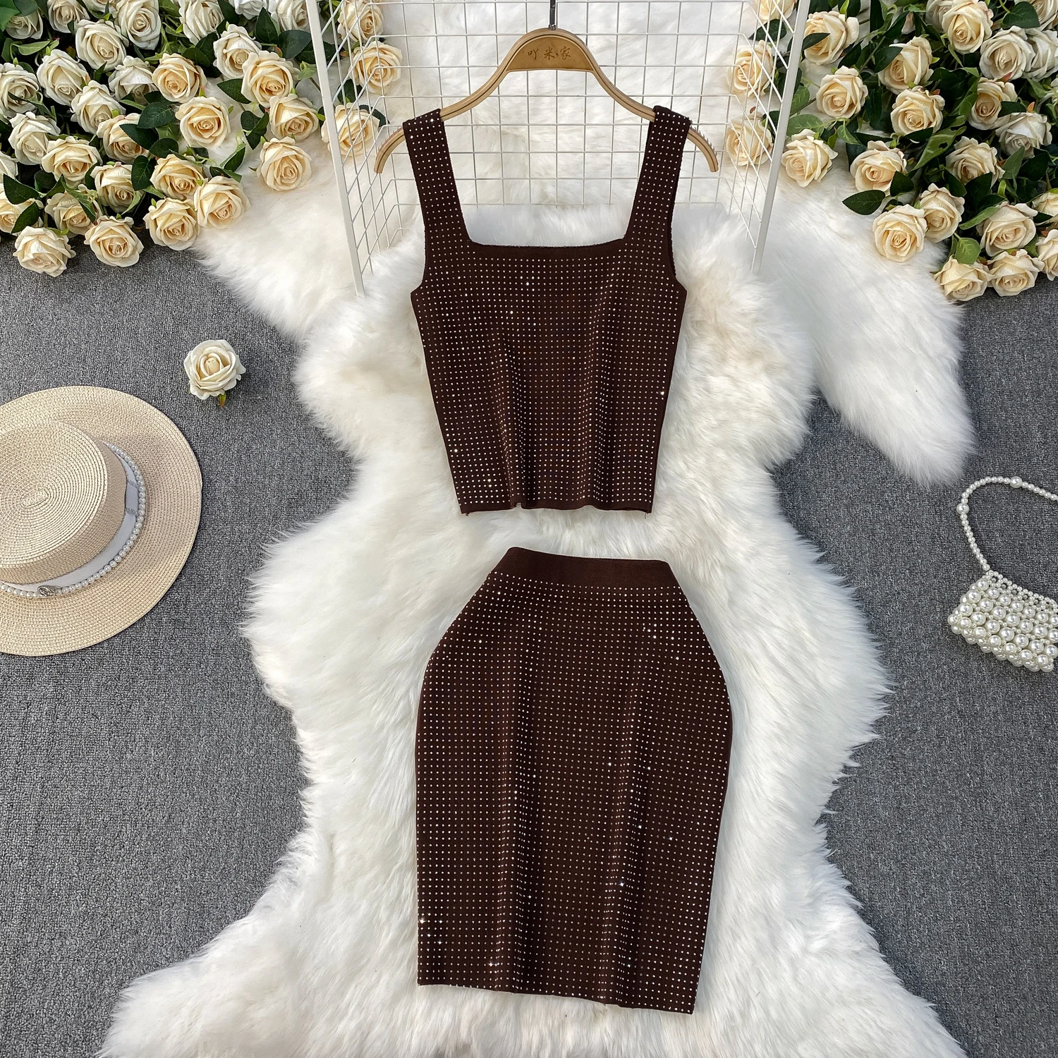 여름 여성 라인스톤 니트 슈트 스퀘어넥 캐미솔 슬림핏 스커트 투피스 세트 미국 캐주얼 패션 파티 여성 세트