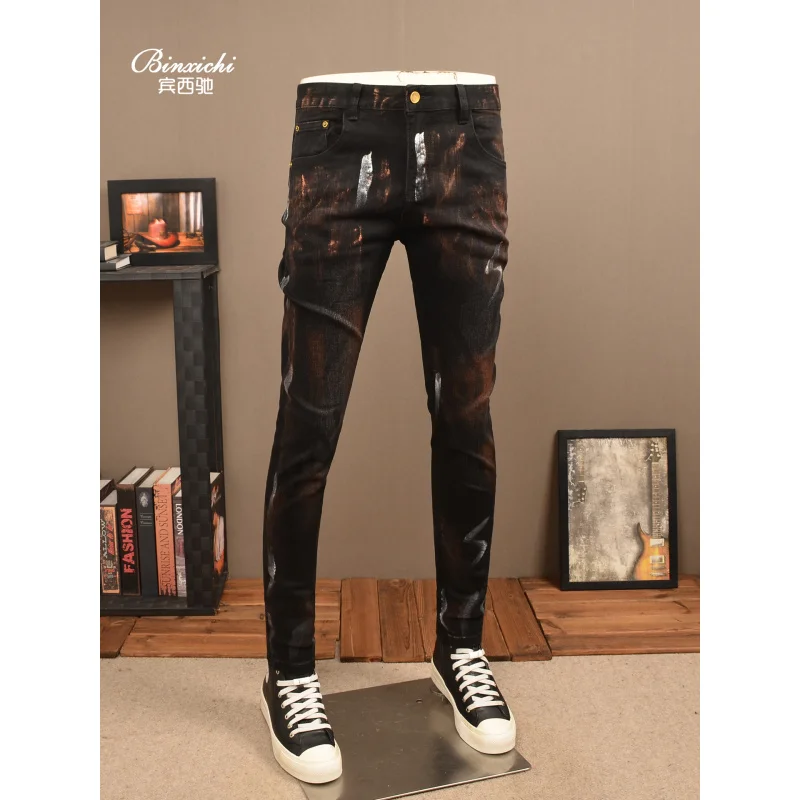 Retro vintage jeans heren zwarte modieuze trendy high-end straatpersoonlijkheid elastische kleine voet strakke broek
