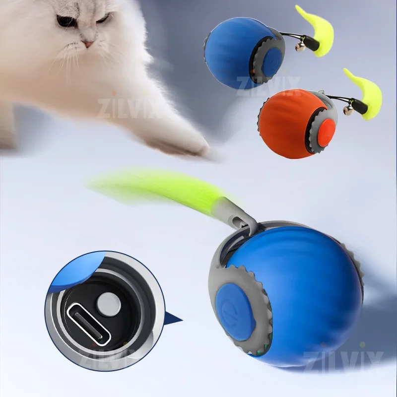 Cat Interactive Ball Toys Automatic Rolling Ball Faux Tail Rechargeable Smart Pet Electric Toy Dog Cat Training Imitate Mouse