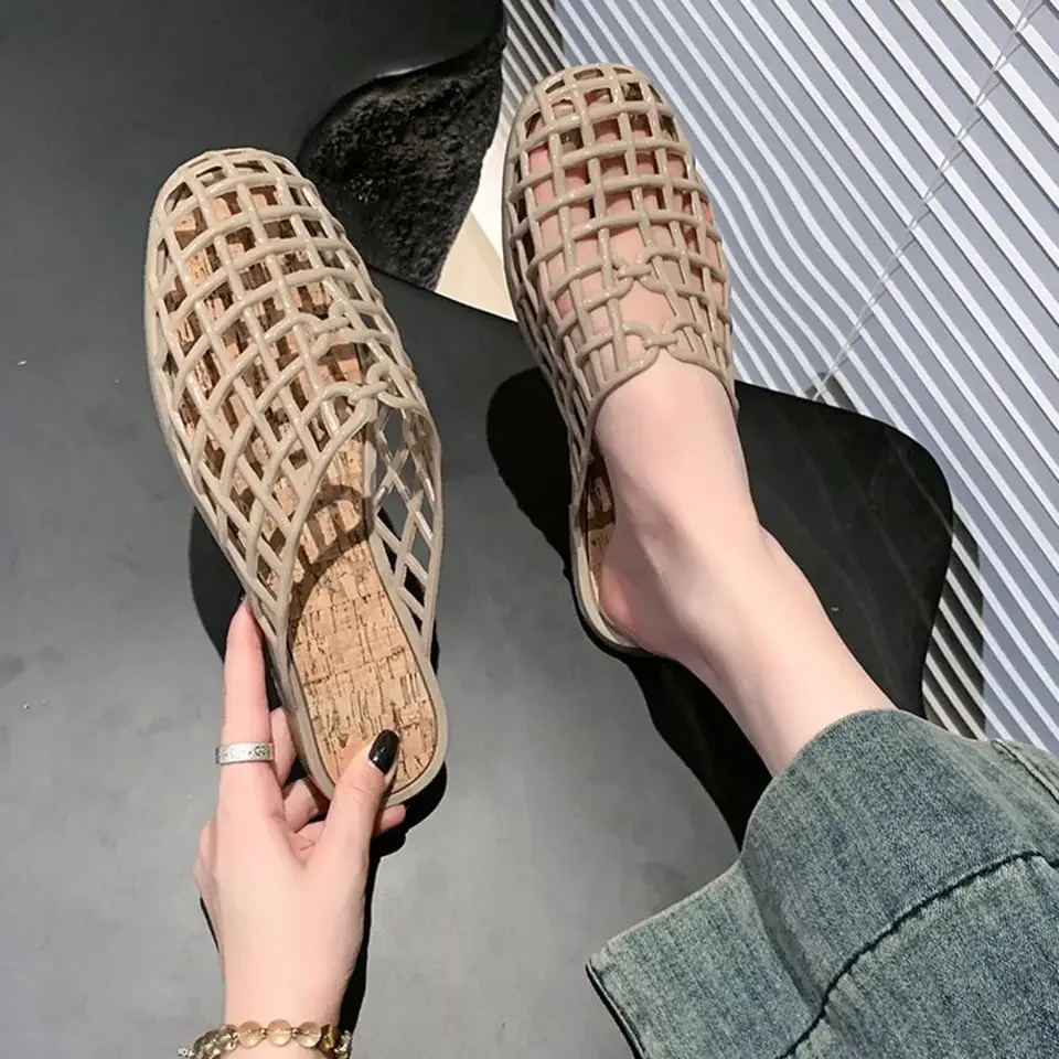 Black Fashion Summer Weaving Hollow Out Flat Heels Women Shoes Elegant Comfortable Casual Dress Mules Sandals