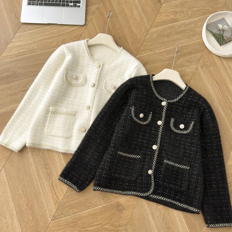 

Korean Plaid Knit Sweater Cardigan Women Long Sleeve V-neck Knitwear Tops 2024 Autumn Workwear Elegant Fashion Ladies Jumpers