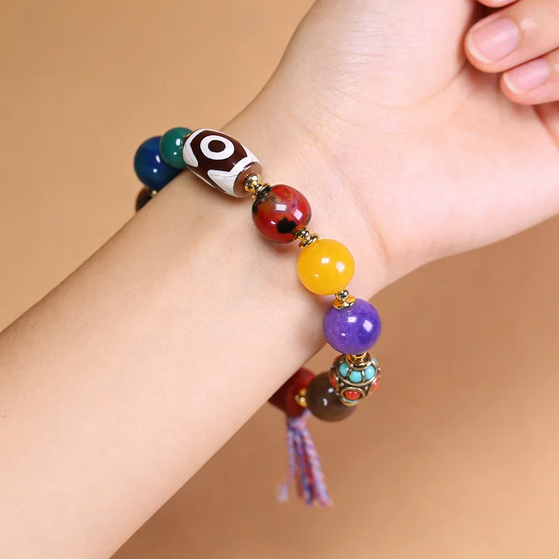 Natural Tibetan Genuine Old Mine Raw Agate Three-Eyed Dzi Bead , Multi-Treasure Bracelet, approximately 14x22mm
