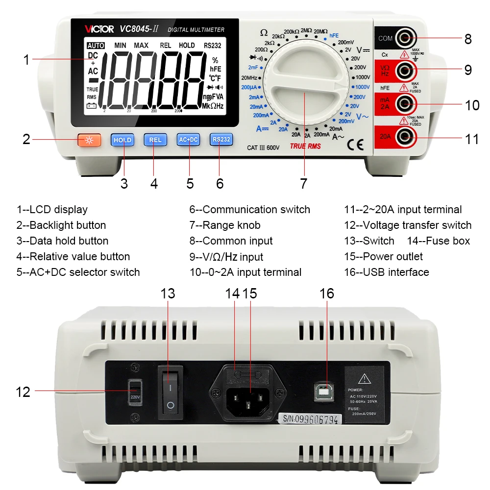 

Настольный мультиметр True RMS 19999 отсчетов AC/DC 1000 В Настольный мультиметр 20 МГц Электрик HFE Транзистор Емкость 8045-2