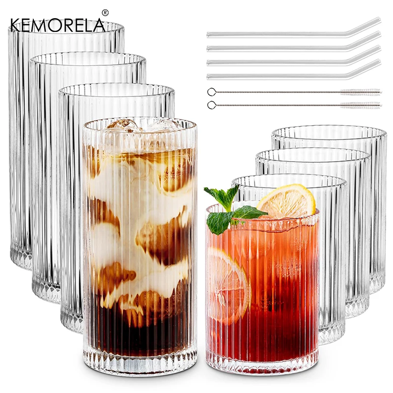 KEMORELA 8PCS Glass Cups Ribbed Glassware set Include 4 Large Glasses 17 oz 4 Glass Cups 10 oz Vintage Glassware Cocktail Glass