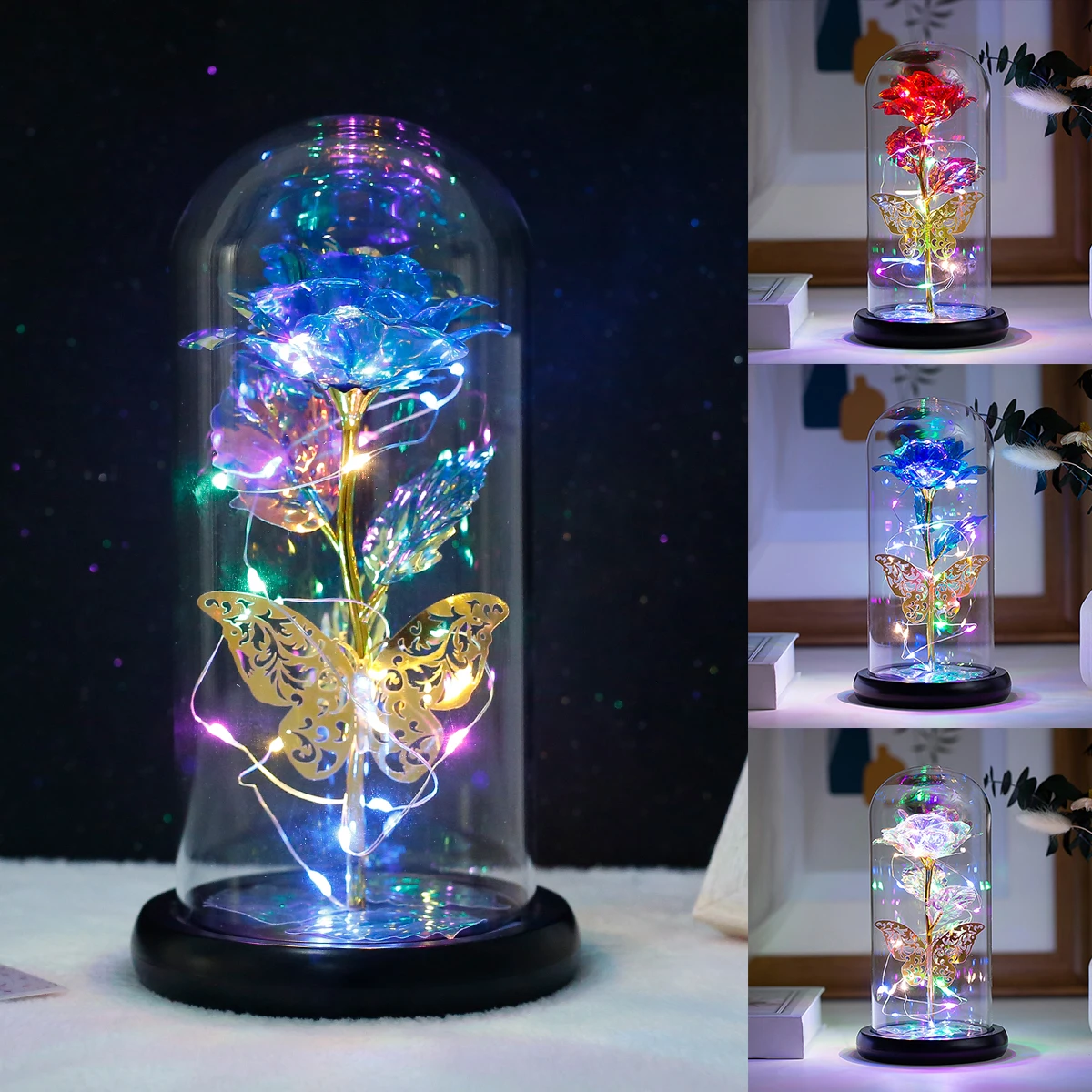 Rose Light Artificial Galaxy Rose Lamp with Butterfly and Colorful LED Rose Flowers In Glass Battery Powered Gifts for Women