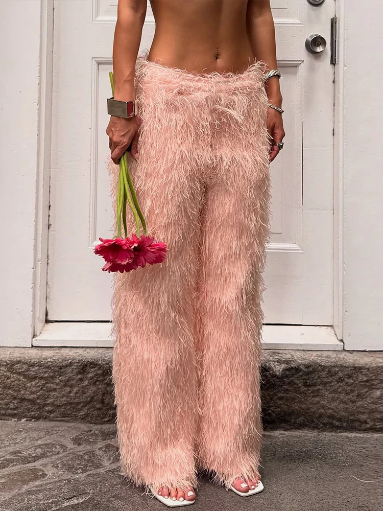 

Whatiwear Длинные брюки с меховым украшением, женские осенние теплые эластичные брюки с эластичной резинкой на талии, повседневные повседневные модные брюки Y2K, милый стиль