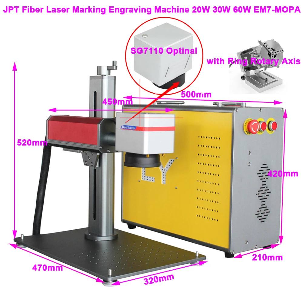 JPT Fiber Laser Marking Machine 60W EM7-MOPA SG7110 Optional Separated Marker Engraver With Ring Rotary Axis 30W For Jewelry