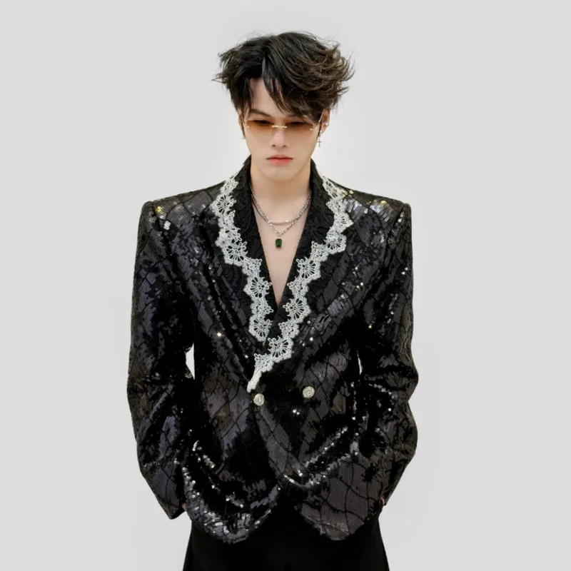 WVGA Spring Autumn New Men's Heavy Duty High-end Lace Trim Blazer Personalized Sequin Trendy Niche Chic Casual Jacket Ins W25247