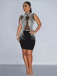 Mesh Hot Stamping Diamond Elegant Party Dress Sexy Women's O-neck Sleeveless Tight Fitting Shiny Diamond Short Party Dress