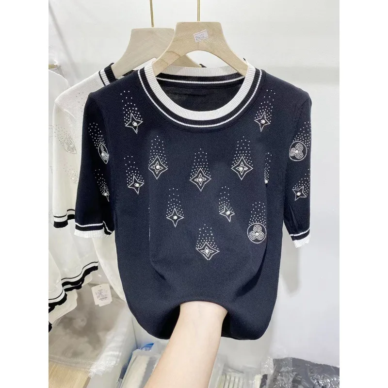 Stylish Sweater For Women Summer 2024 New Fashion Beading Embroidery Short Sleeve Knitwear Tops Elegant Chic Ladies Jumper