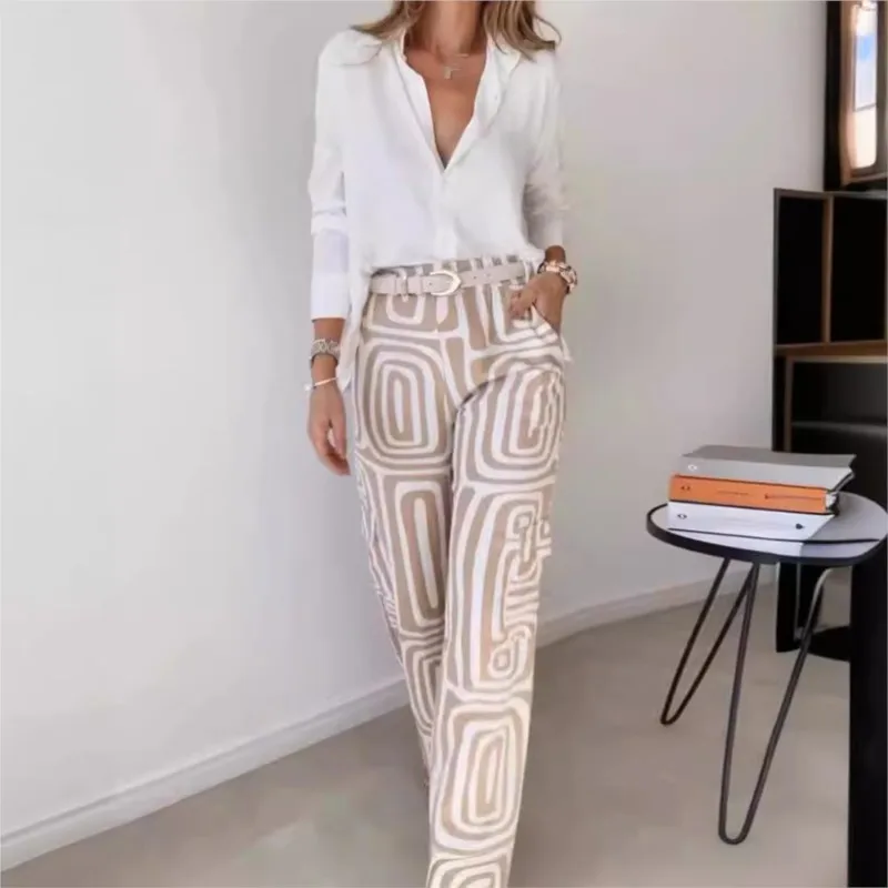 Summer Autumn Casual Suit For Women High-end Sensory Communication V-neck Long Sleeved Shirt Loose Pants Two-piece Set For Women