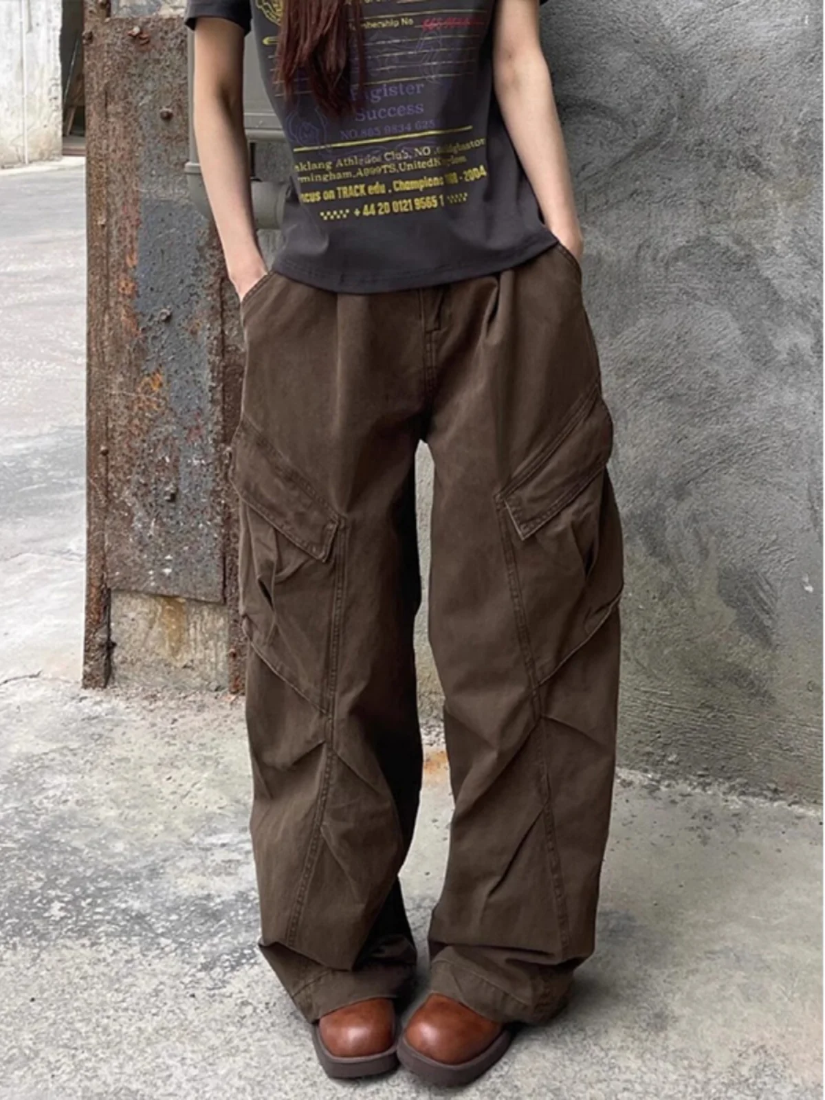 

Retro Brown Multi-ket Workwear Denim Pants Women's High Waist Wide Leg Pants Casual Sle Folded Design Autumn Winter New