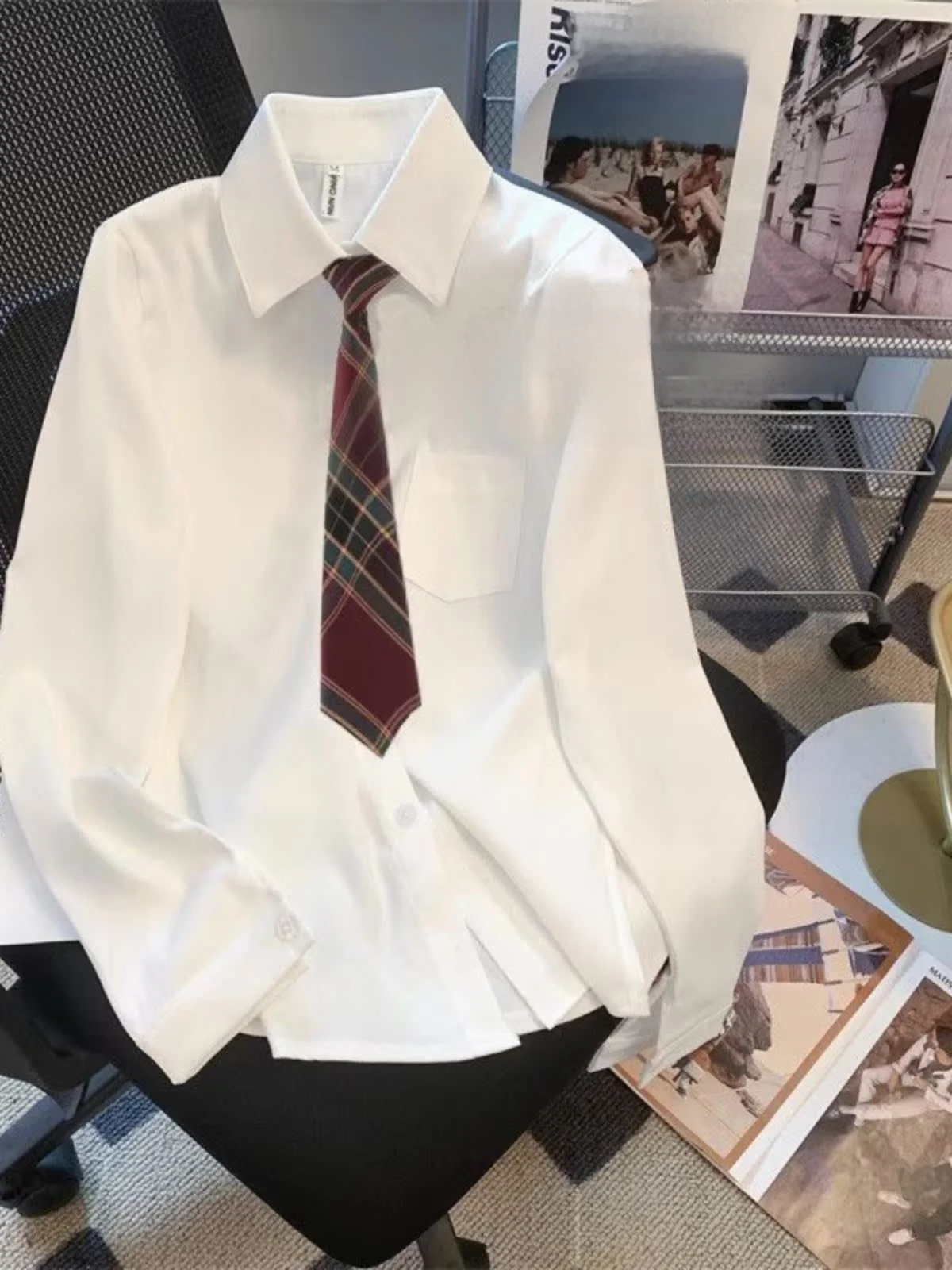 

Профессиональная женская рубашка с длинным рукавом для весны и осени, с узлом, для собеседований, формальная, слегка плотная, белая базовая рубашка