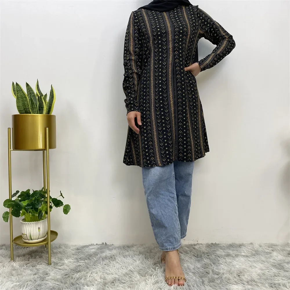 Muslim Fashion Women Large Size Midi Shirt Arab Long Sleeves Casual Tops Islamic Clothing Modest Blouse Chemise Femme Musulmane