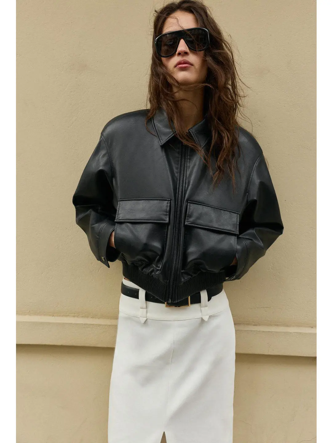 

Spring Women's PU Leather Jacket Pilot Style Long Sleeve Stand Collar Padded Shoulder Zipper Closure Casual Fashion Outerwear