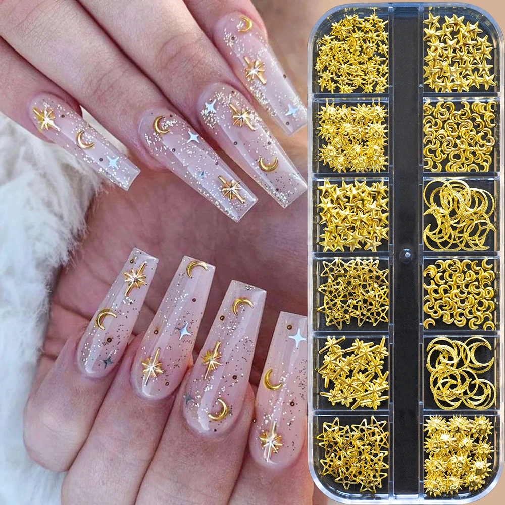 12 grilles lune étoile ongles or métallique ongles paillettes breloques 3D Nail Art conseils décoration 3D métal lune étoile soleil perle Rivet ongles Je