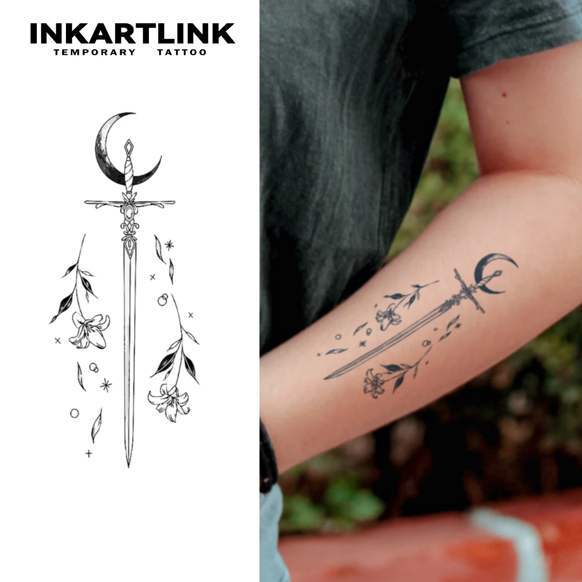 Moon Sword temporary tattoo sticker, waterproof magic tattoo, lasts to 15 days fake tattoo, semi permanent tattoo