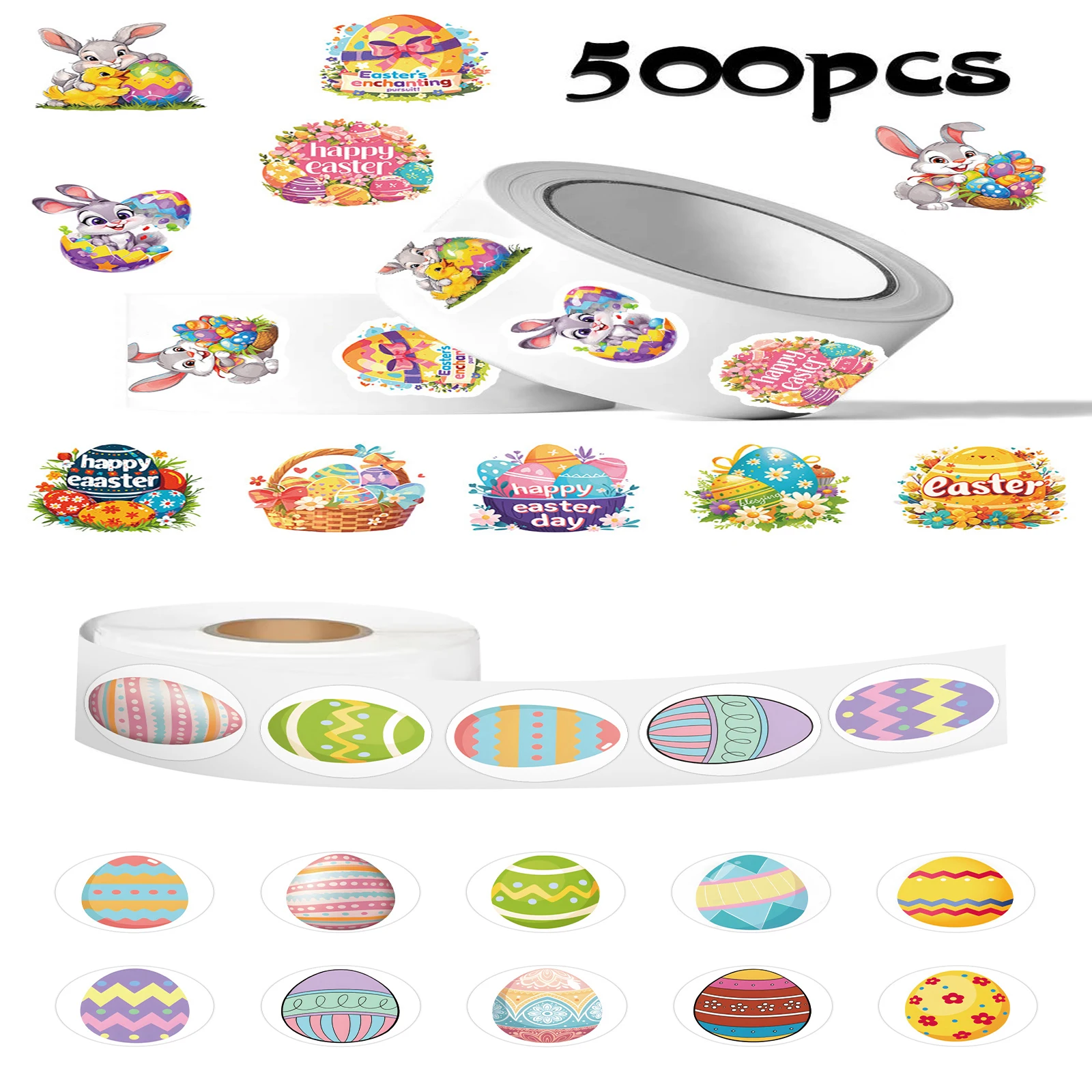 500Pcs/Roll Easter Sealing Stickers Cute Rabbits Easter Egg Cartoon Roll Decal DIY Luggage Phone Guitar Scrapbook Party Gifts