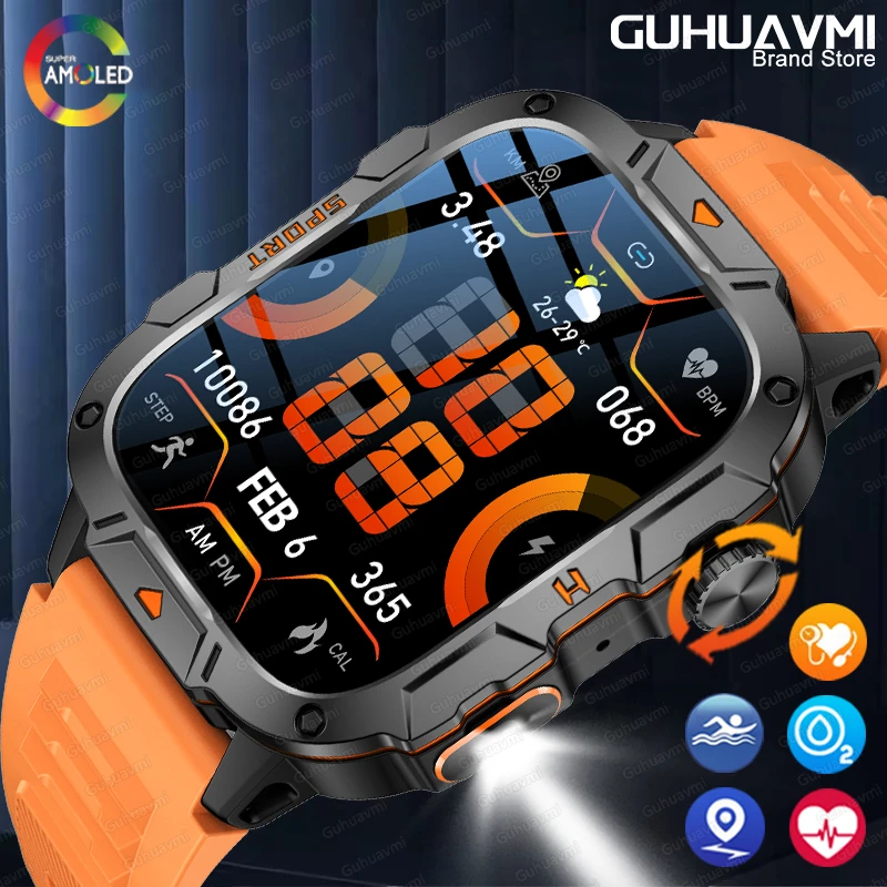 

NEW Outdoor Military Men Sport Smart Watch Bluetooth Call Blood Pressure Blood Oxygen IP68 Waterproof flashlight Smart Bracelet