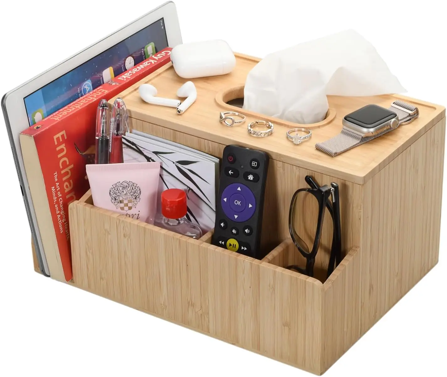 Bamboo Tissue Box Holder & Tablet Stand Organizer for Bedroom Desktop with Compartments