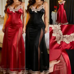 Female Long Nightgown Home Dressing Gown Sexy Suspender Nightdress Intimate Lingerie Summer New Ice Silk Sleepwear Lounge Wear