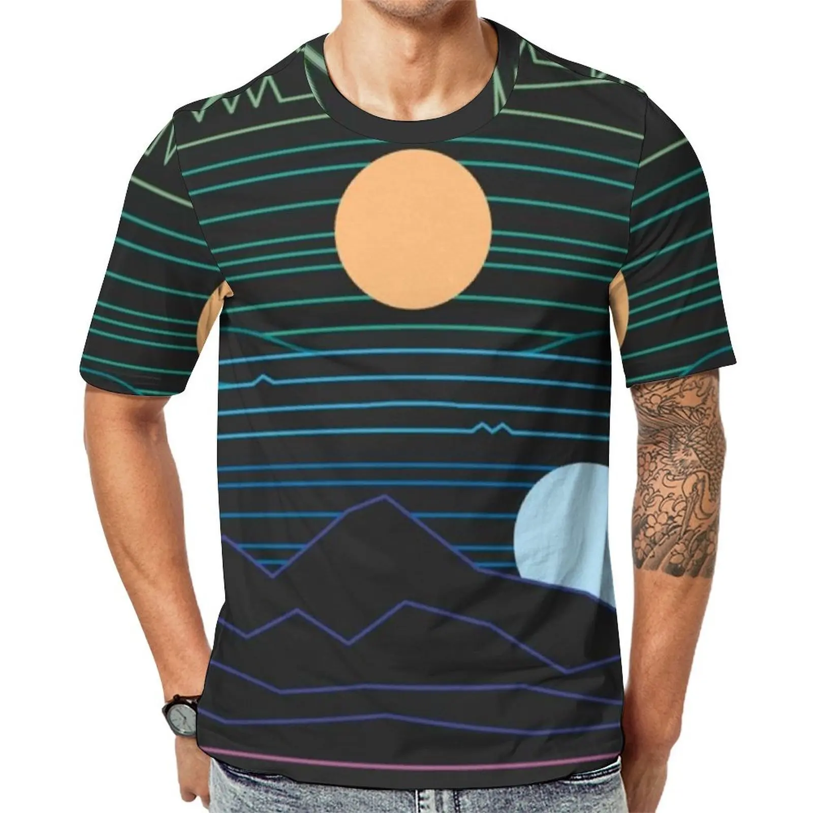 Cartoon Sun Line T Shirt Many Lands Print Hip Hop T Shirts Short Sleeve Design Tshirt Hot Sale Premium Funny Oversized Top Tees
