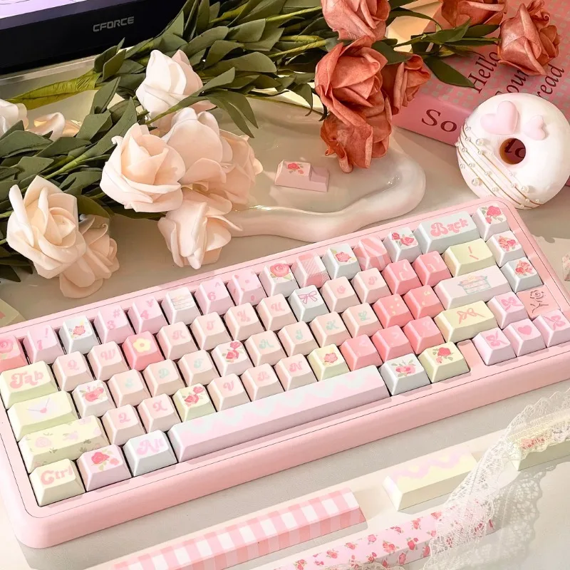 Pink Rose Theme Keycaps Set Customized PBT Sublimation Cherry Profile Keyboard Cap for Game Mechanical Keyboard Accessories Gift