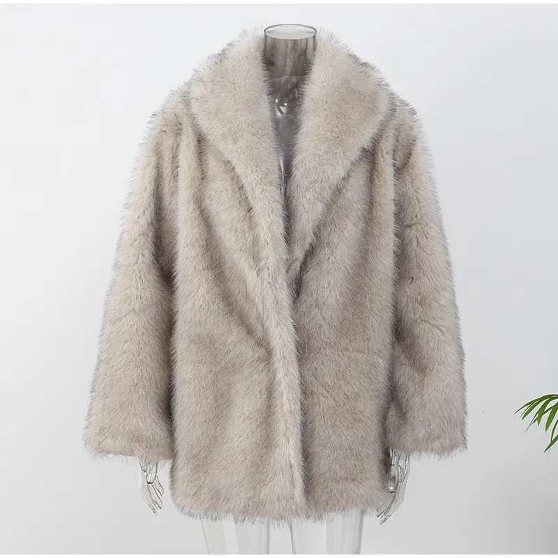 

Women's Collared Long-Sleeve Faux Fur Jacket Soft Comfortable Catching Warm Outerwear Casual Style Plush Winter Faux Fur Coat