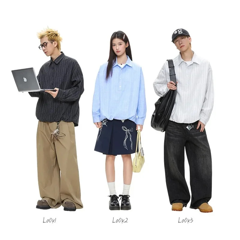 Unisex Oversize Loose Fit Casual Shirt - Wrinkle-Resistant Cotton Blend Pullover Top with Mock Layered Look for Autumn Fashion