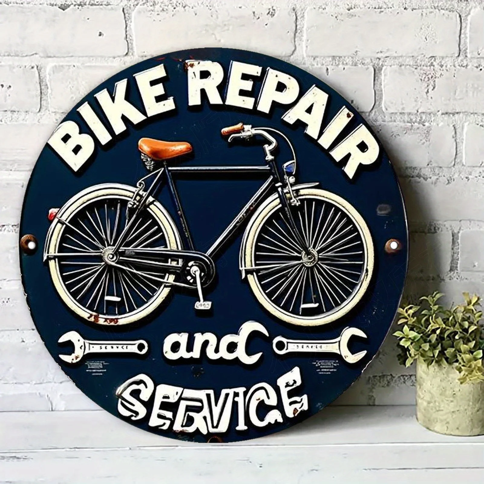 2D flach, 2D flach rundes Metallschild, Vintage Cycling Dream kreisförmiges Aluminium-Fahrradreparatur-Kunstgemälde, geeignet für Wohnzimmer