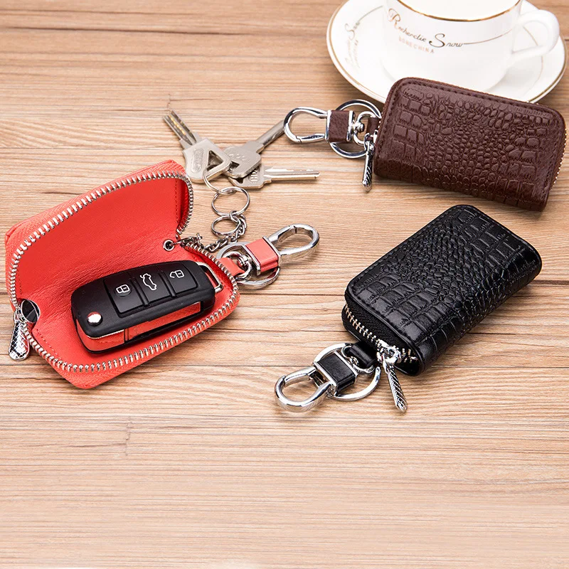 Unisex Genuine Leather Car Key Case for Men and Women Crocodile Print Car Smart Key Fob Zipper Case with Keychain and Metal Hook