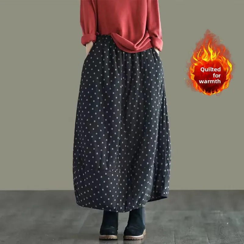 Retro algodão linho bolinhas f saia plus size calor feminino faion versátil emagrecimento meados de comprimento confortável saia de algodão