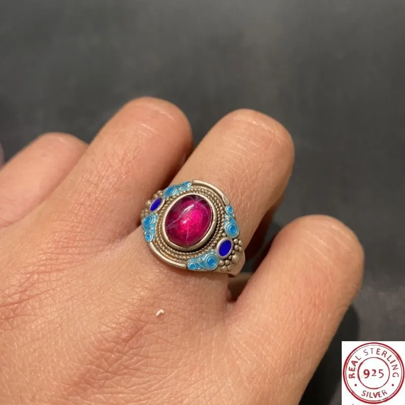 

Tibetan Silver Cloisonne Ring, Inlaid Star Ruby, Retro Ethnic Style, Adjustable Open Band, Unisex Vintage Finger Jewelry
