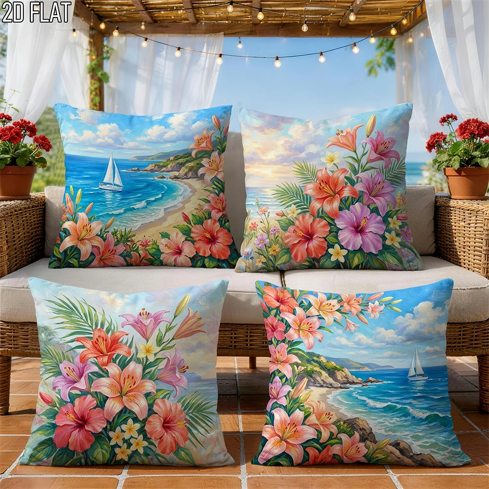 

4Pcs Tropical Flower & Beach Print Pillow Covers, Polyester Cushion Cases for Home Decor, Living Room & Bedroom Decoration