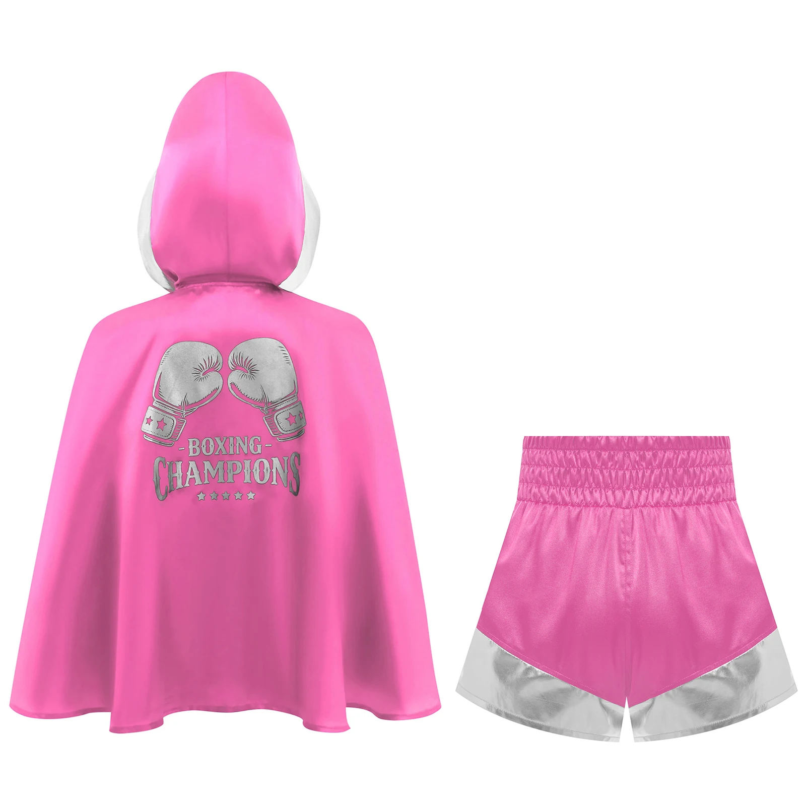 New Kids Boys Girls Boxing Training Outfit Hooded Cloak+Satin Muay Thai Shorts Sportswear for Gym Training Martial Arts Fighting