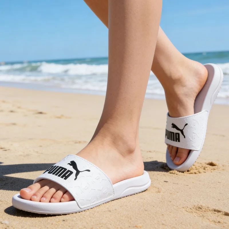 Puma Slide Sandals Embossed Logo Contrast Color Design Streetwear Style All Match Casual Daily Slides White Black 395420-02