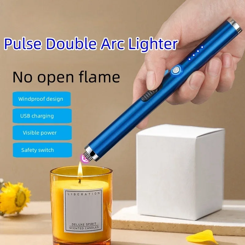 New Electronic Pulse Ignition Windproof Single Double Arc Visible Power Level 360°Bend Men's Cigarette Accessories Gifts