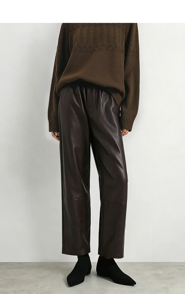 Amii Women Wide Leg Pants Mid Rise Elastic Waist Ankle Length Solid 2026 Autumn Commute Loose Casual Woman PU Trousers 12643003