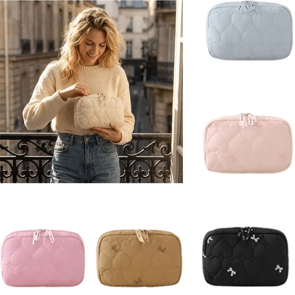 Portable Quilted Makeup Bag Heart Bow Large Capacity Travel Toiletry Handbag Lightweight Data Cable Storage Bag for Women