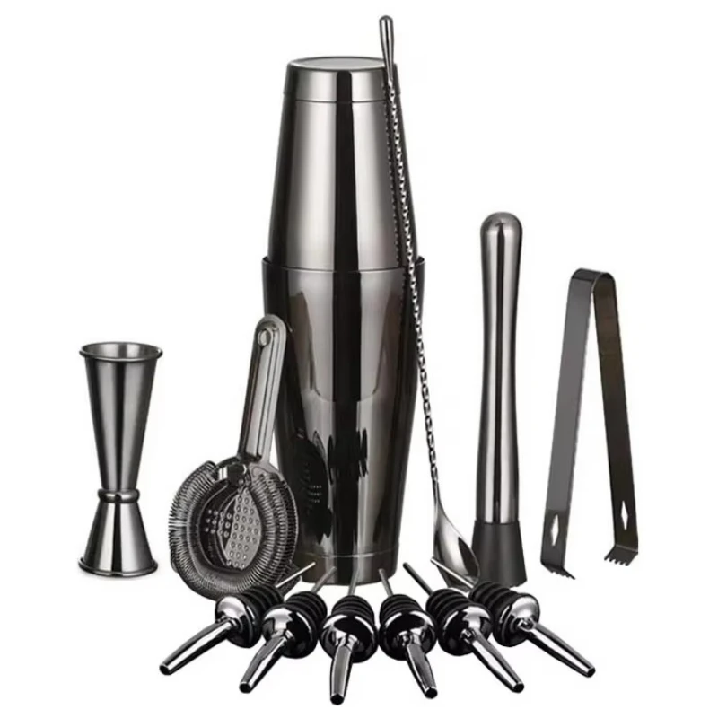 

Cocktail shaker, bar tool set including measuring device, mixer, pour device
